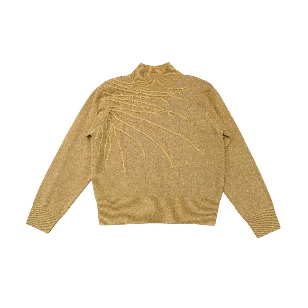 VTG Dressbarn Embroidered Sweater Women L Gold Metallic Mock Neck Holiday NYE